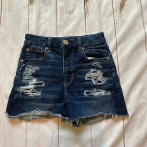 American Eagle Next Level Stretch Distressed Dark Denim frayed shorts  S…
